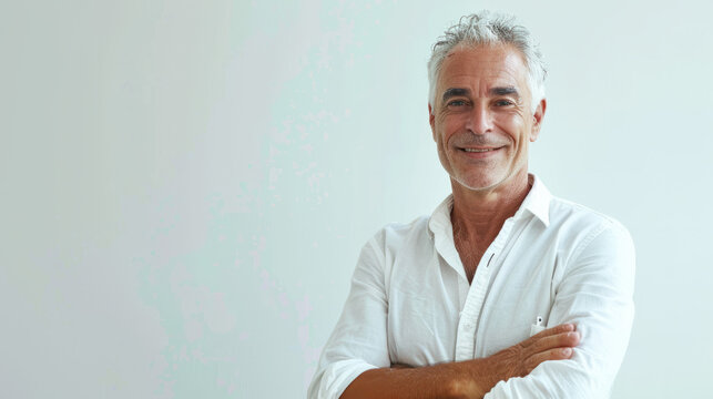 Handsome man 50s mid age beautiful physically fit well groomed senior model grey hair and beard smiling Healthy face skin care skincare hair care fitness dental off center copy space gray background