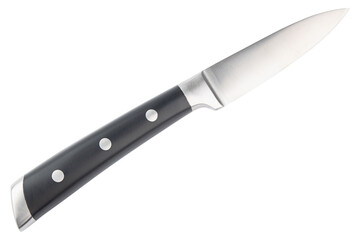 Knife. Stainless steel Knife with black handle. New chef or butcher knife. Professional equipment on kitchen. Knife for slice vegetable or meat. One piece of kitchenware, cookware. Table setting