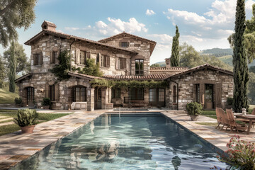 Naklejka premium a luxurious stone house with a pool, loungers, and lush greenery, radiating tranquility and comfort