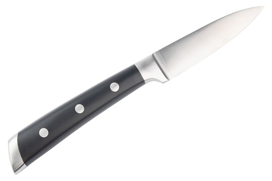 Knife. Stainless steel Knife with black handle. New chef or butcher knife. Professional equipment on kitchen. Knife for slice vegetable or meat. One piece of kitchenware, cookware. Table setting