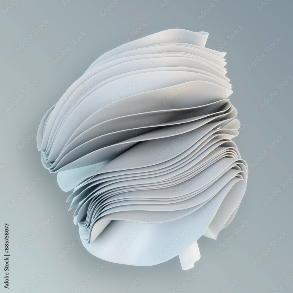 Poster Digital illustration of a stack of wavy shapes that resemble sheets of white fabric. 3d rendering