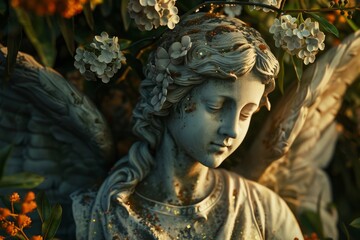 Angel statue surrounded by flowers in soft light.