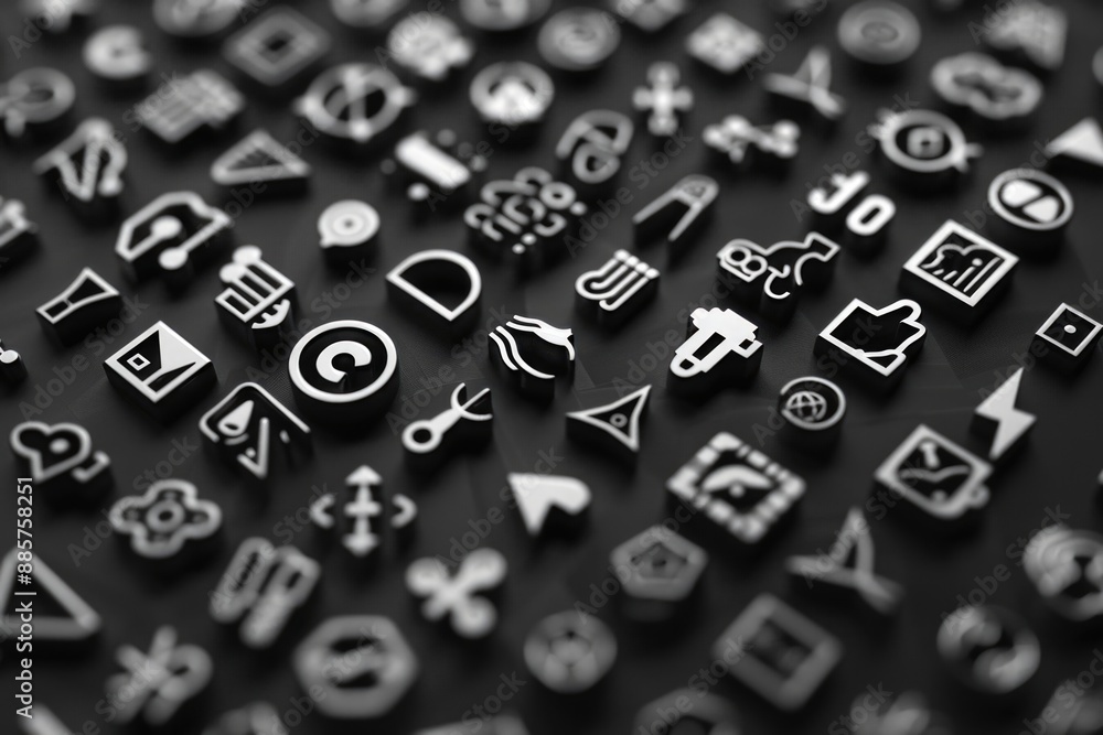 Poster a set of monochrome icons arranged on a surface, suitable for use as design elements or graphics