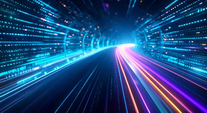 High-speed digital highway, capturing the essence of rapid data transfer in a futuristic tunnel with bright blue and orange light streaks, symbolizing the interconnected world of modern technology.