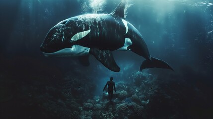 Fototapeta premium One man swimming with a terrifyingly huge killer whale that covers the whole ocean encountered underwater