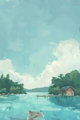 Obraz premium Tranquil Lakeside Cabin with Dock and Serene Waters