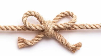 Linen rope string with bow isolated on white, top view