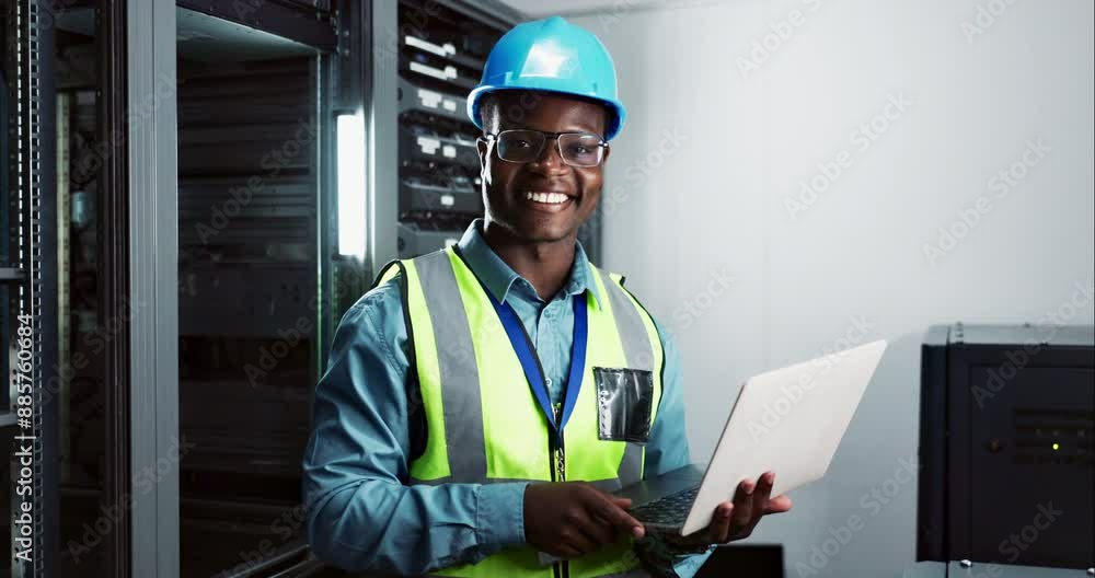 Aufkleber Portrait, technician and black man with laptop in server room with smile for coding in business. Digital, electrician and African male person programming with big data on software with technology