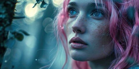 A woman with distinctive pink hair and freckles on her face