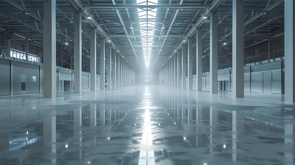 a large, empty industrial or commercial space with a high ceiling. The glossy floor reflects evenly spaced columns