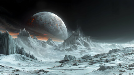  A dystopian solar planet with a dark, stormy sky and deserted landscapes