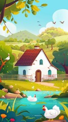 Fototapeta premium Peaceful Countryside Cottage with Chickens by the River