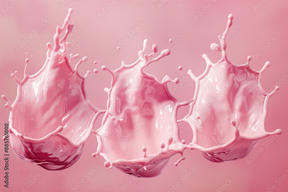 Poster a close-up shot of multiple pink liquids splashing on top of each other, creating a visually appeali