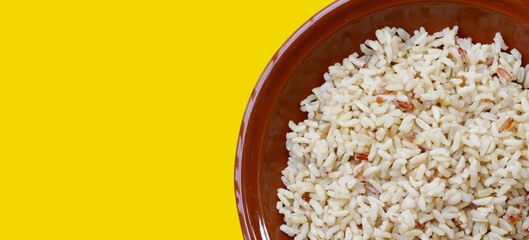 Cooked brown rice in bowl
