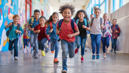 Vibrant image of diverse, multiracial, happy young children running through school corridor. Wearing colorful clothing and backpacks, conveying excitement and joy. School time, education concept.