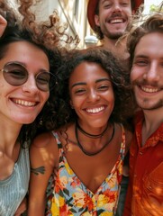Fototapeta premium Group of friends or family standing side by side, possibly waiting in line or at an event