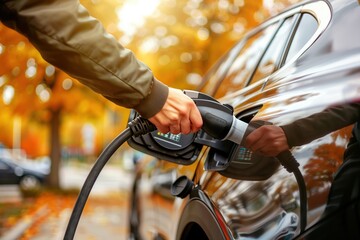 Man refuels sleek black car with gas pump on autumn road. Car parked with hood open, trees display orange leaves against clear blue sky. Electric car charging station not in sight.