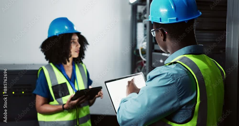 Poster server room, man and woman teamwork with technology, it and collaboration for programming cybersecur