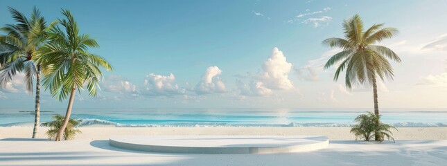 Fototapeta premium A luxurious 3D rendering podium with a tropical beach and ocean water, white sand background, for displaying summer products.