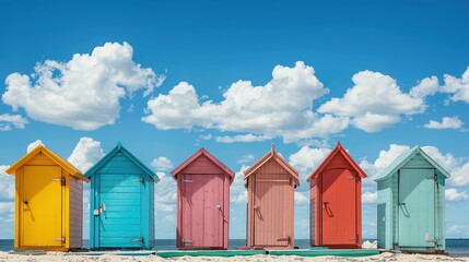 Naklejka premium A row of beach huts with a sign that says 'beach hut '