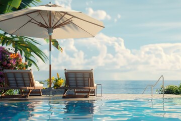 Fototapeta premium Two lounge chairs and umbrella by a swimming pool with ocean view.