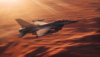 Warplane Over the Desert: A High-Speed Mission, Combat Aircraft. Aerial Warfare: Warplane Executes High-Speed Mission Over the Desert