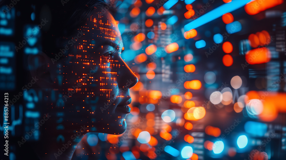 Poster person face surrounded by digital data points and glowing lights, representing deep immersion in adv
