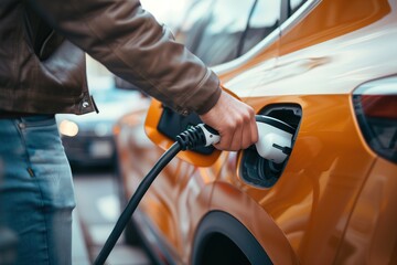 Fototapeta premium Orange car refueling at urban charging station. Person wearing brown jacket, blue jeans holds fuel nozzle connecting to vehicle tank. Urban city street with other vehicles, buildings in background.