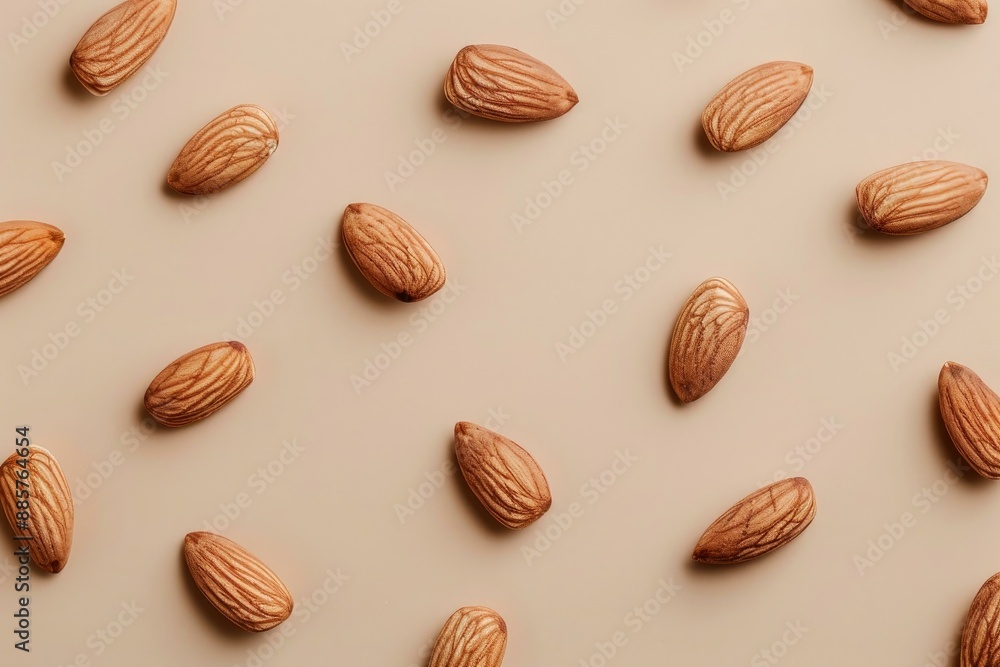 Poster scattered almonds on a neutral beige background viewed from the top, creating a simple and minimalis