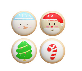 New Year's gingerbread. Striped candy, star, round cookies, christmas tree, heart. Homemade Christmas cookies with white, red and green sweet sugar glaze. 3D render