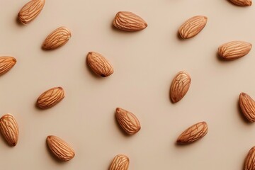 Scattered almonds on a neutral beige background viewed from the top, creating a simple and minimalistic pattern