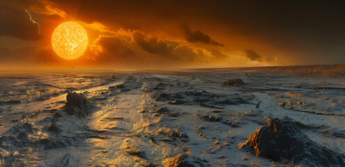  A dystopian solar planet with dark, stormy skies and a barren landscape