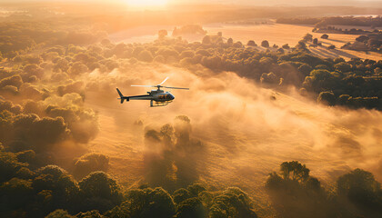 Fototapeta premium Private helicopter in action over summer mountains background. Height view. Natural sunset light and shadows. Sunset time.