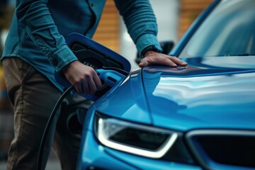 Man stands next to electric car with open hood. He inserts charging plug into socket. Urban setting with trees lining street. Perfect shot for eco-friendly and tech-related content.