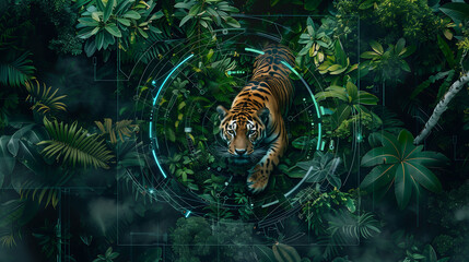 tiger in dense jungle foliage, highlighted by futuristic digital overlays and interface elements, symbolizing the integration of technology in wildlife conservation