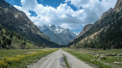 A serene mountain road stretches through a lush valley surrounded by majestic peaks under a bright blue sky