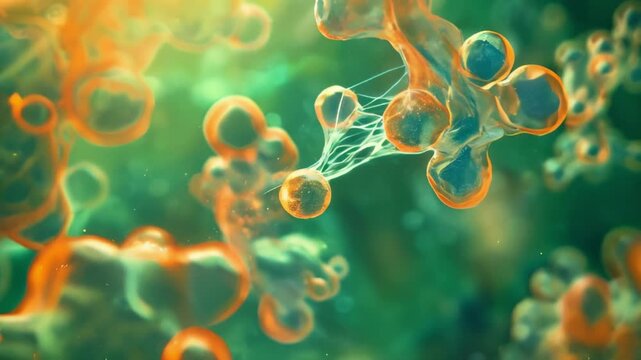 Close-up of candida molecule inside the human body with structure and interaction with cells. Viruses and bacteria in the human body.orange green tone