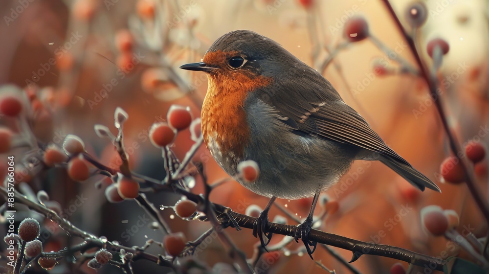 Poster a robin perched on a branch with red berries in autumn