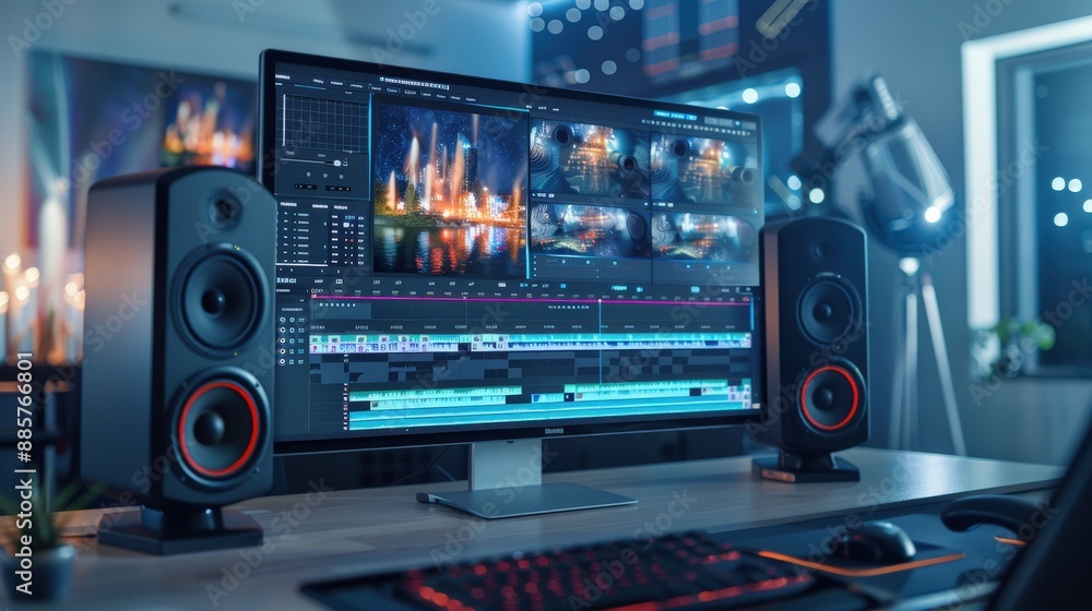 Poster a computer monitor with a large screen with video editing software.