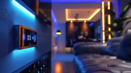 Modern Interior Design Featuring Blue LED Lighting and Wall Mounted Control Panel