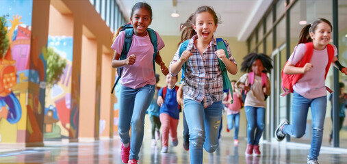 Vibrant image of diverse, multiracial, happy young children running through school corridor. Wearing colorful clothing and backpacks, conveying excitement and joy. School time, education concept.