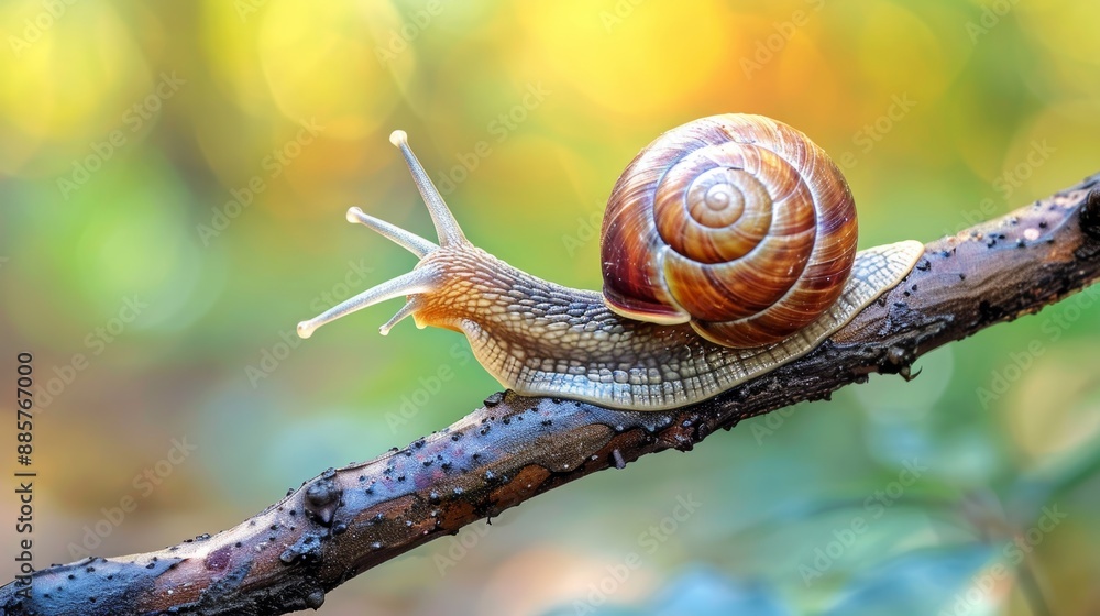 Poster snail exploring a branch in a vibrant forest setting during daylight