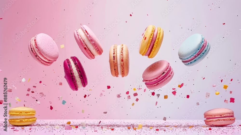 Poster vibrant macarons levitating on white background, creating a whimsical and delightful display