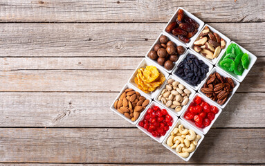 Mix of dried and candied fruits and nuts . Top view