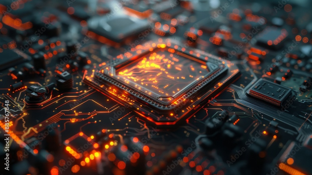 Poster intricate electronic circuit board glowing with orange and yellow light, showcasing a microprocessor