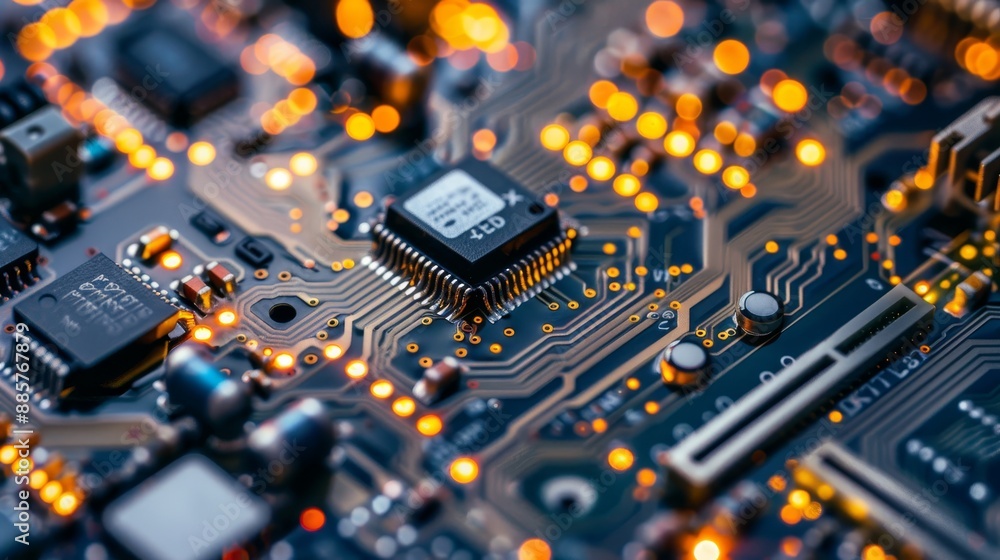 Poster close-up view of a circuit board illuminated by bright lights showcasing intricate electronic compon