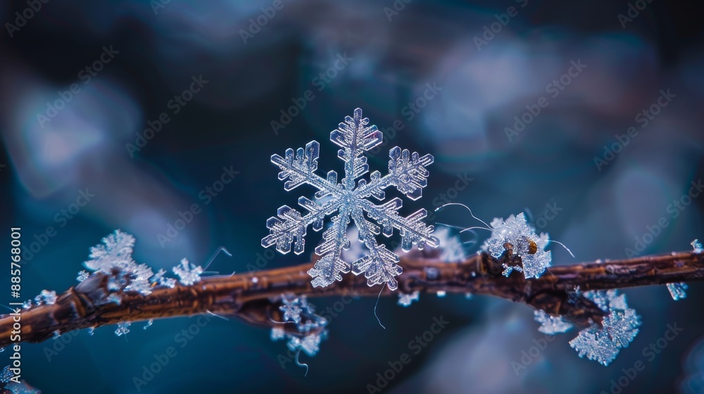 Poster macro shot of a snowflake on a branch.