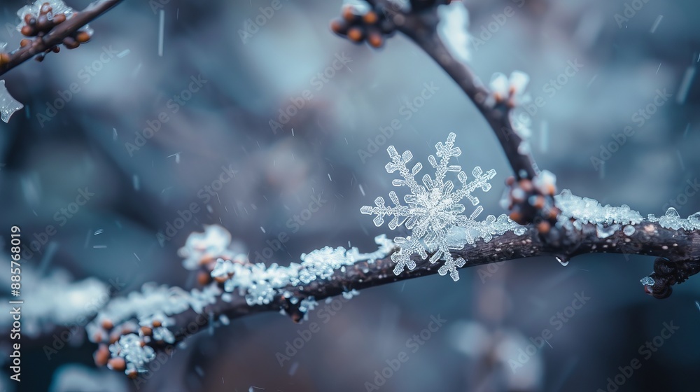 Poster macro shot of a snowflake on a branch.