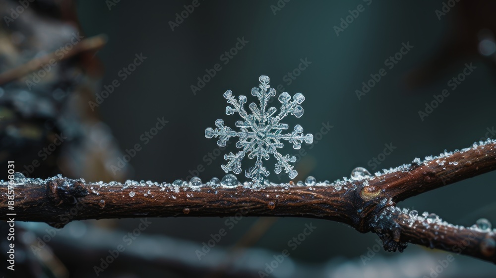 Aufkleber a single snowflake resting on a branch in a winter forest