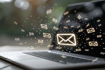 Minimalist laptop featuring glowing email icon surrounded by ethereal envelopes for chic design
